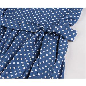 Vintage Royal Blue Polka Dots Round Neck High Waist Midi Tube Dress N18696