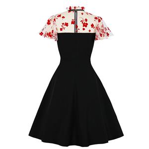 Vintage Scalloped Tie Collar See-through Mesh and Floral Sleeves High Waist Party Swing Dress N21489