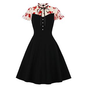 Vintage Scalloped Tie Collar See-through Mesh and Floral Sleeves High Waist Party Swing Dress N21489