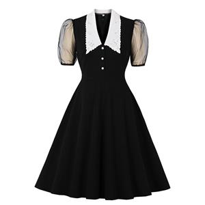 Vintage Peter Pan Collar See-through Puff Sleeves High Waist Cocktail Party Black Swing Dress N21504