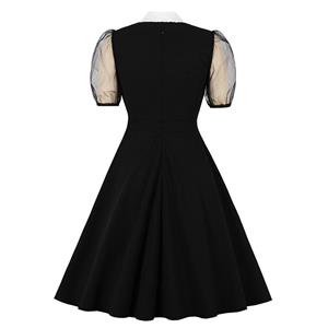 Vintage Peter Pan Collar See-through Puff Sleeves High Waist Cocktail Party Black Swing Dress N21504