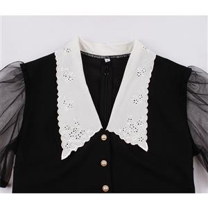 Vintage Peter Pan Collar See-through Puff Sleeves High Waist Cocktail Party Black Swing Dress N21504