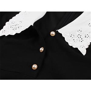 Vintage Peter Pan Collar See-through Puff Sleeves High Waist Cocktail Party Black Swing Dress N21504