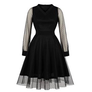 Sexy Black V Neck Sheer Mesh Overlay Long Sleeve High Waist Party Midi Dress N19802