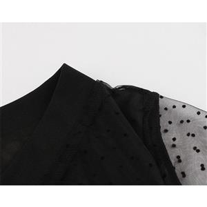 Sexy Black V Neck Sheer Mesh Overlay Long Sleeve High Waist Party Midi Dress N19802