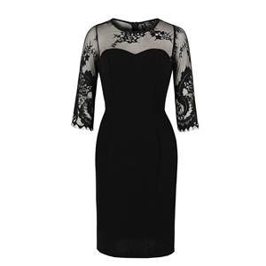 Sexy Black Sheer Floral Mesh Half Sleeve Spliced High Waist Party Midi Dress N19935