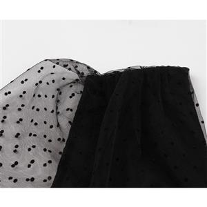 Sexy Black Polka Dots Sheer Mesh Overlay V Neck Long Sleeve High Waist Party Midi Dress N20938