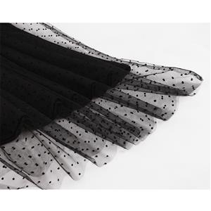 Sexy Black Polka Dots Sheer Mesh Overlay V Neck Long Sleeve High Waist Party Midi Dress N20938