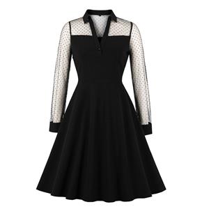 Sexy Gothic Black Sheer Mesh Spliced Long Sleeve Midi Dress N19558