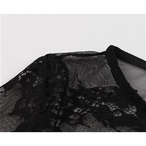 Sexy Black Sheer Floral Mesh Half Sleeve Spliced High Waist Party A-line Swing Dress N19936