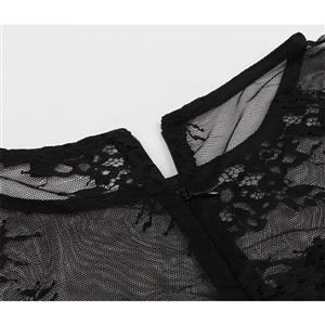 Sexy Black Sheer Floral Mesh Half Sleeve Spliced High Waist Party A-line Swing Dress N19936