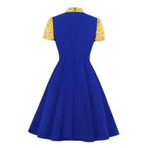 Vintage Tie Collar Short Sleeve Splicing High Waist Cocktail Party A-line Dress N20527