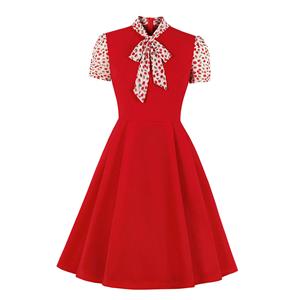 Vintage Tie Collar Short Sleeve Splicing High Waist Cocktail Party A-line Dress N20528
