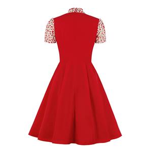 Vintage Tie Collar Short Sleeve Splicing High Waist Cocktail Party A-line Dress N20528