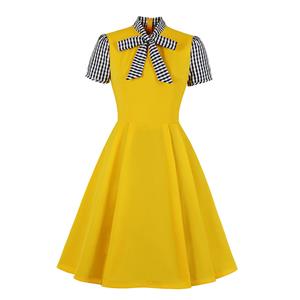 Vintage Tie Collar Short Sleeve Splicing High Waist Cocktail Party A-line Dress N20529