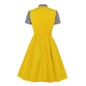 Vintage Tie Collar Short Sleeve Splicing High Waist Cocktail Party A-line Dress N20529
