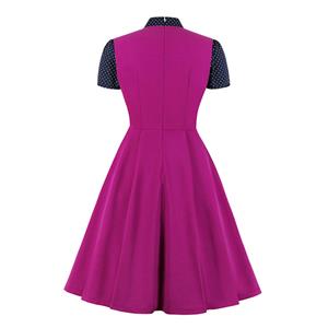 Vintage Tie Collar Short Sleeve Splicing High Waist Cocktail Party A-line Dress N20530