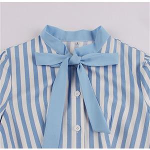 Vintage Bow-knot Tie Collar Short Sleeve Front Button Stripe High Waist Big Swing Dress N20563