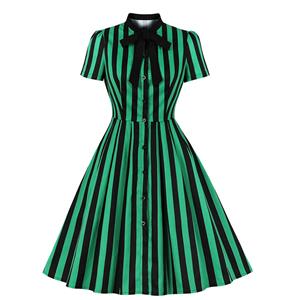 Vintage Bow-knot Tie Collar Short Sleeve Front Button Stripe High Waist Big Swing Dress N20620