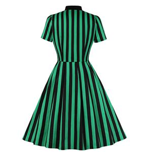 Vintage Bow-knot Tie Collar Short Sleeve Front Button Stripe High Waist Big Swing Dress N20620