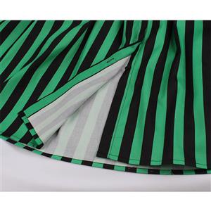 Vintage Bow-knot Tie Collar Short Sleeve Front Button Stripe High Waist Big Swing Dress N20620