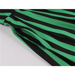 Vintage Bow-knot Tie Collar Short Sleeve Front Button Stripe High Waist Big Swing Dress N20620