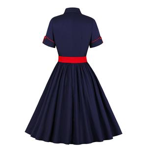 Vintage Navy-blue Turn-down Collar Short Sleeve Front Button Party Contrast Color Dress N21337