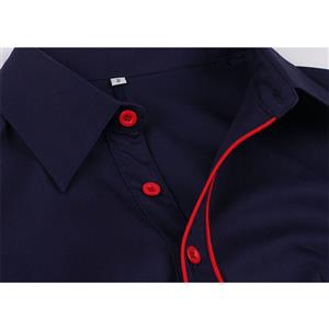 Vintage Navy-blue Turn-down Collar Short Sleeve Front Button Party Contrast Color Dress N21337