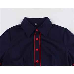 Vintage Navy-blue Turn-down Collar Short Sleeve Front Button Party Contrast Color Dress N21337