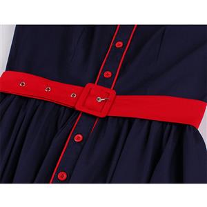 Vintage Navy-blue Turn-down Collar Short Sleeve Front Button Party Contrast Color Dress N21337