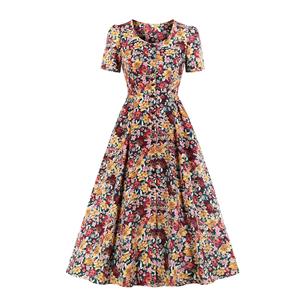 Vintage Floral Print Round Neck Short Sleeve Slim Waist Party Autumn Swing Maxi Dress N20836