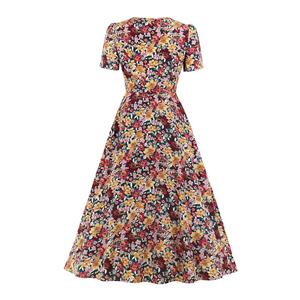 Vintage Floral Print Round Neck Short Sleeve Slim Waist Party Autumn Swing Maxi Dress N20836