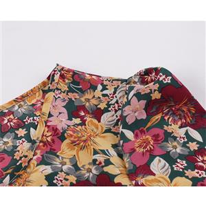 Vintage Floral Print Round Neck Short Sleeve Slim Waist Party Autumn Swing Maxi Dress N20836