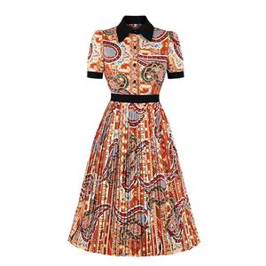 Vintage Printed Turn-down Collar Short Sleeve Cocktail Party Swing Pleated Dress N20829