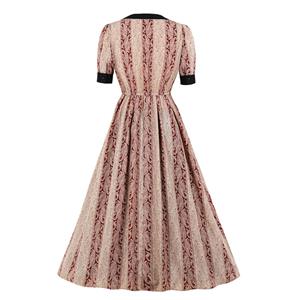 Vintage Printed Stand-up Collar Short Sleeve Cocktail Party Swing Pleated Dress N20951
