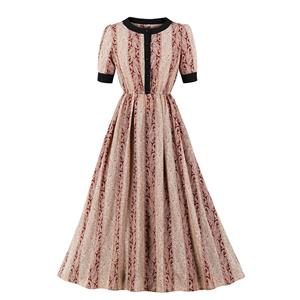 Vintage Printed Stand-up Collar Short Sleeve Cocktail Party Swing Pleated Dress N20951
