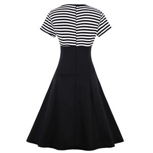 Women's Fashion Vintage Short Sleeve Splicing Swing Dress N14443