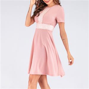 Vintage Pink Lace Stitching Round Neck Short Sleeve High Waist A-line Swing Dress N19975