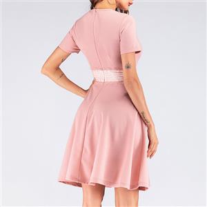Vintage Pink Lace Stitching Round Neck Short Sleeve High Waist A-line Swing Dress N19975