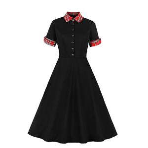 Vintage Color Contrast Turn-down Collar Front Button Short Sleeve Party Swing Dress N21354