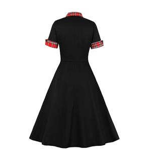 Vintage Color Contrast Turn-down Collar Front Button Short Sleeve Party Swing Dress N21354