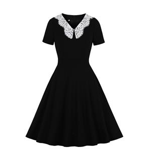Vintage Lace V Neck Splicing Short Sleeve High Waist Cocktail Party Swing Dress N21355