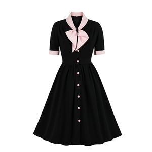 Vintage V Neck Bow Tie Front Button Short Sleeve Splicing Party Big Swing Dress N21356