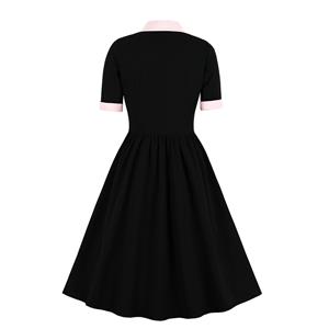 Vintage V Neck Bow Tie Front Button Short Sleeve Splicing Party Big Swing Dress N21356