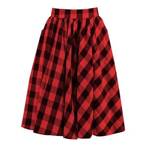 Classic Red Plaid Cotton High Waisted Vintage Flared Pleated Casual Skater Skirt N20167