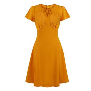 Retro Solid Color Round Neck Short Sleeve High Waist Midi Dress N19402