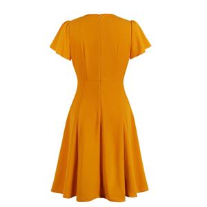 Retro Solid Color Round Neck Short Sleeve High Waist Midi Dress N19402