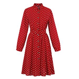 Plus Size Vintage Maiden Red Polka Dots Lapel Long Sleeve Front Button Midi Dress N19403