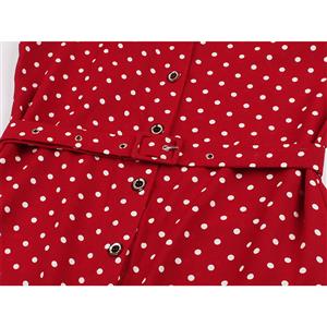 Plus Size Vintage Maiden Red Polka Dots Lapel Long Sleeve Front Button Midi Dress N19403