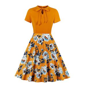 Retro Orange Floral Print Little Standing Collar Short Sleeve High Waist Midi Dress N19561